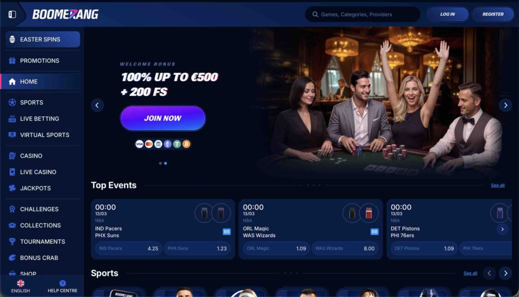 Boomerang homepage showing Sports and Casino navigation