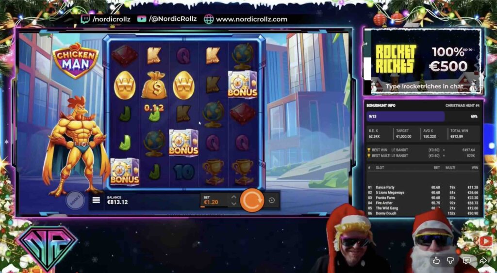 NordicRollz team testing Rocket Riches casino and playing Chicken Man slot by Backseat Gaming during live stream