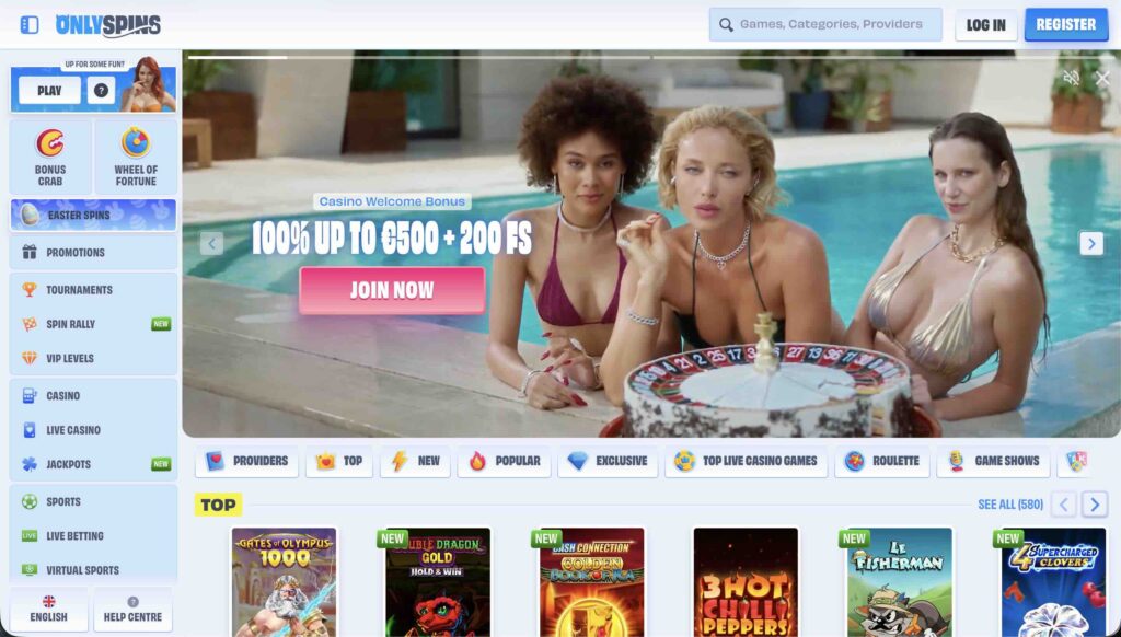 OnlySpins Casino Front Page showing betting and casino navigation