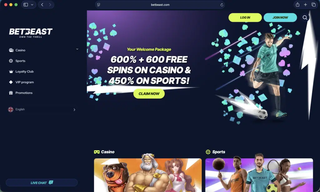 Welcome Page of BetBeast Casino