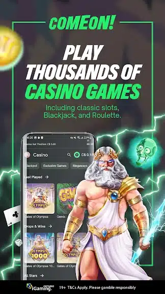 Screenshot of the ComeOn casino app showing its slots lobby with a Greek-mythology-themed game selection