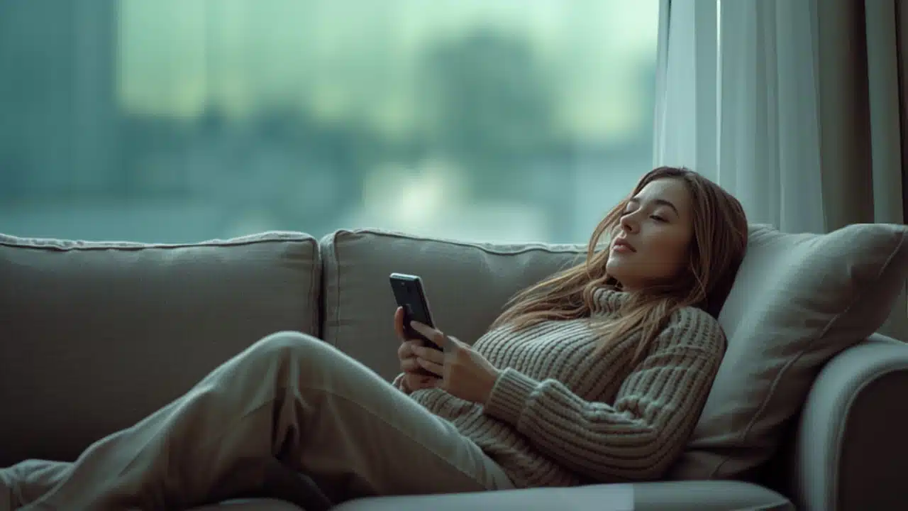A person relaxing calmly at home, representing staying in control while gambling responsibly