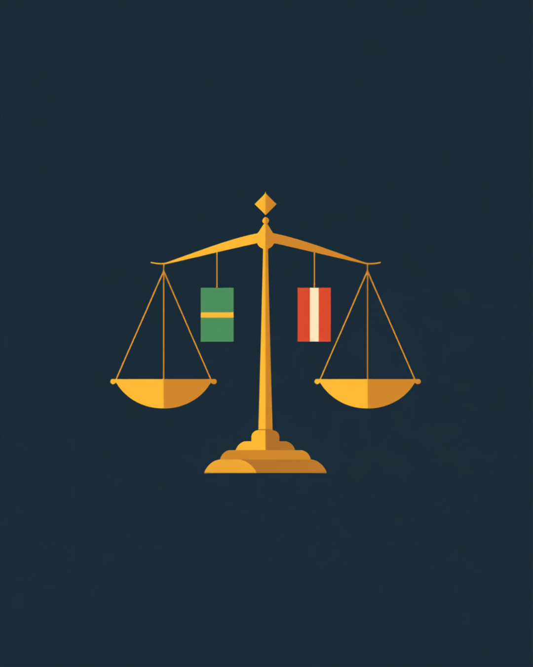 A gold justice scale balancing two different national licensing frameworks, representing how "licensed" means something different in each Nordic market