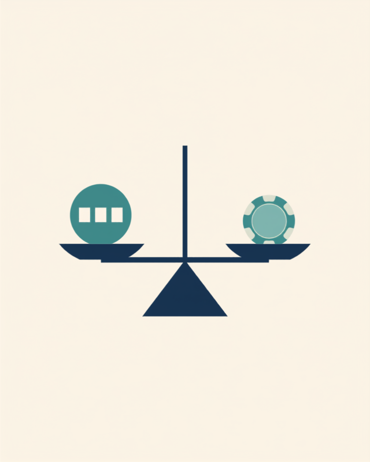 A flat-icon illustration of a balance scale weighing a slot-reel token against a poker chip, representing uneven game weighting in casino bonus wagering requirements